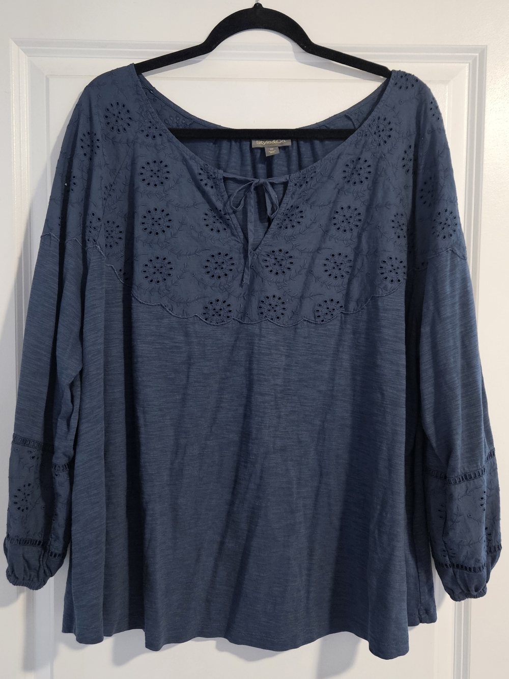 Style & Co Eyelet Peasant Top 3X Blue Cotton Modal Boho Blouse